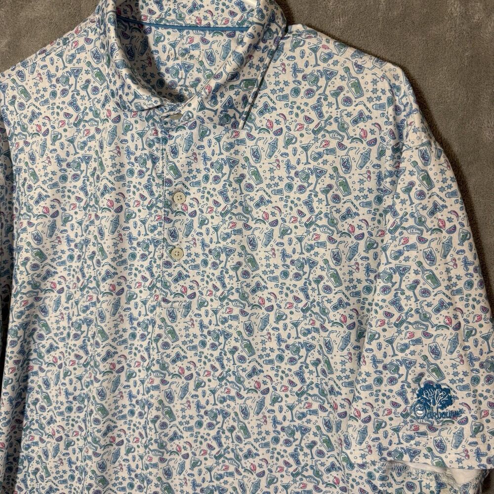 Johnnie O Polo Men L Blue Drinks Print Performance Golf Surfer Bar Hendricks